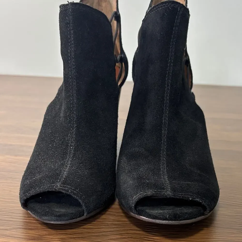 Lucky Brand Black Suede‎ Peep-Toe Wedge Booties Sz 9